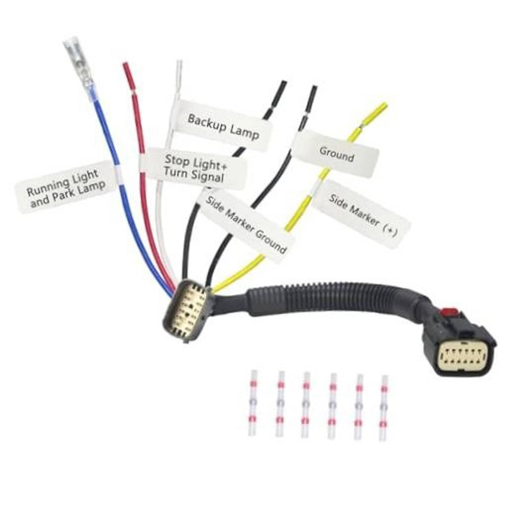 Tail light harness adapter wiring with multi-pin connector and color-coded lead wires
