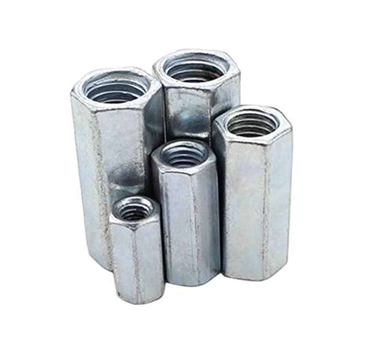 Zinc-plated hex rod coupling nuts with threaded holes, front view of 4