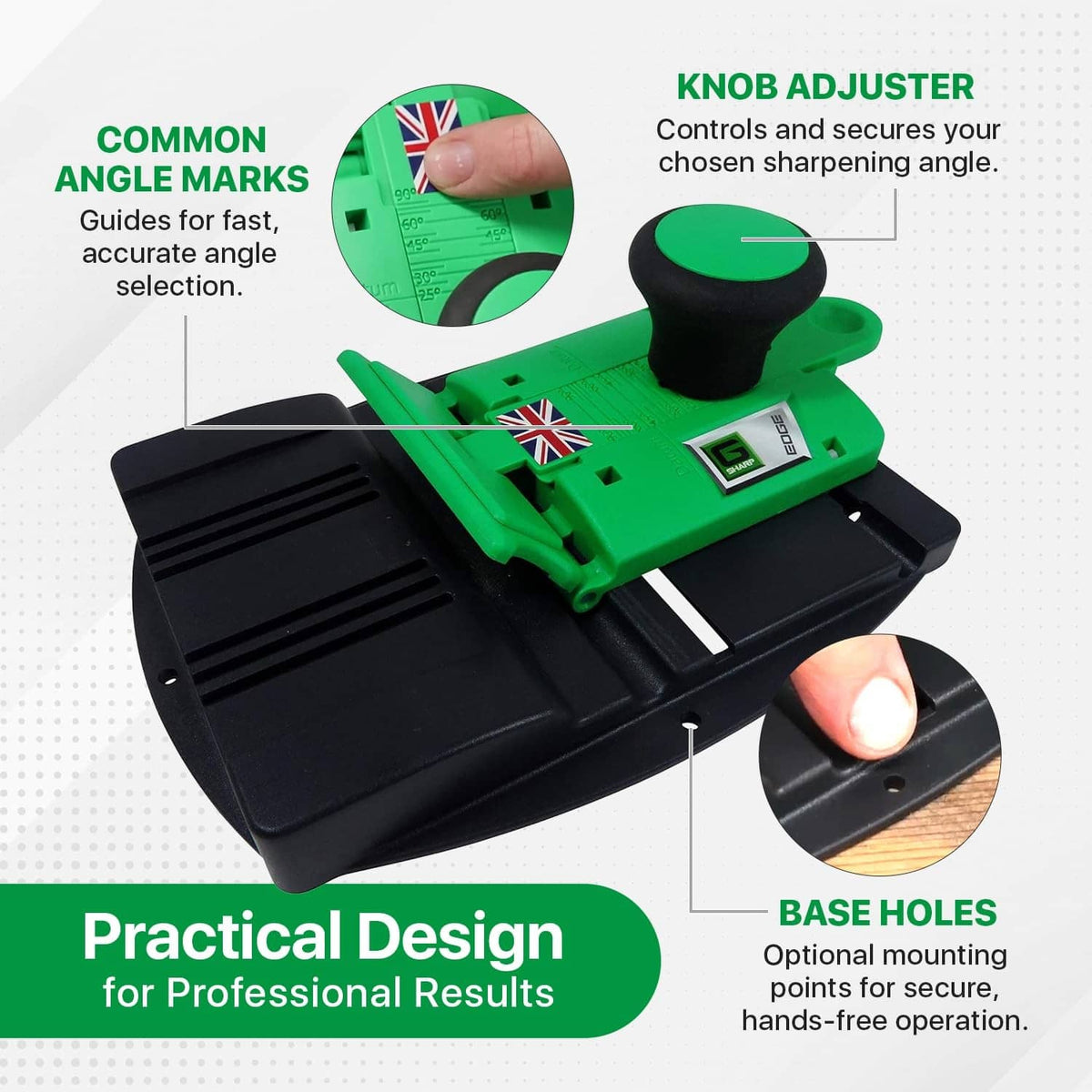 Adjustable green chisel sharpener with angle knob, base holes, and blade support