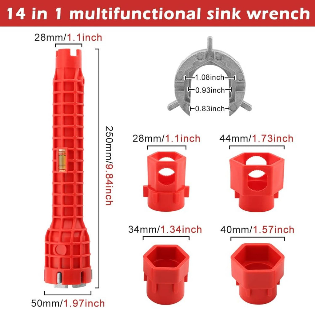 Red 14-in-1 sink wrench with hex-style socket tips and multiple interchangeable heads