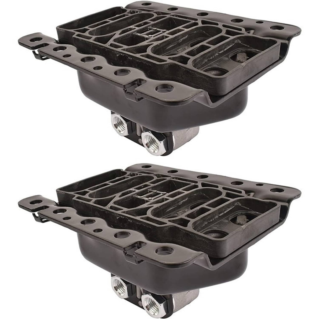 Pair of black engine mounts with ribbed base and silver bolt studs