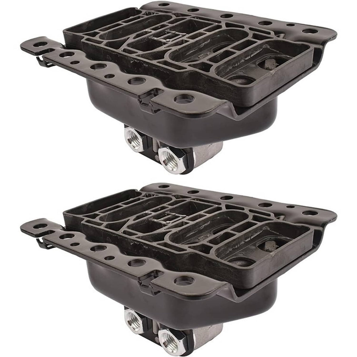 Pair of black engine mounts with ribbed base and silver bolt studs