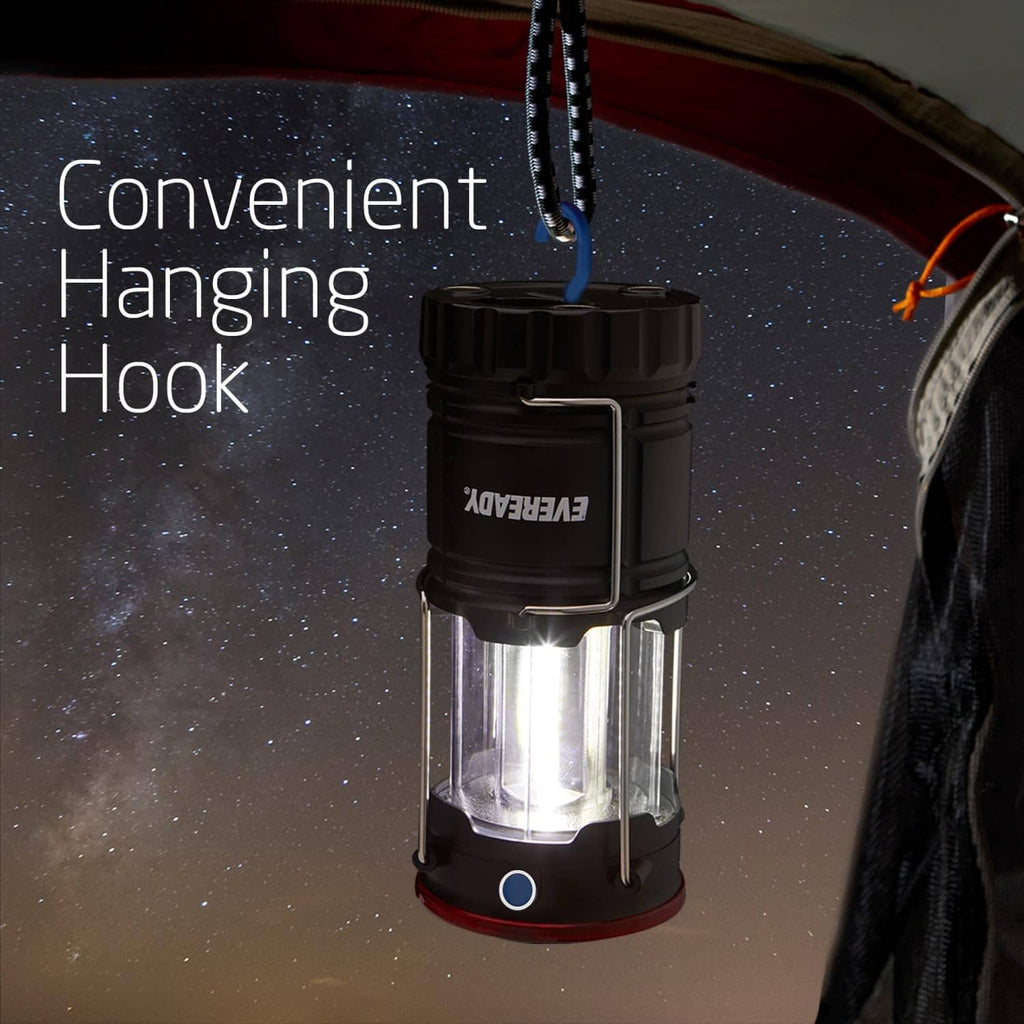 Collapsible lantern with hanging hook and clear inner chamber, black housing with red base