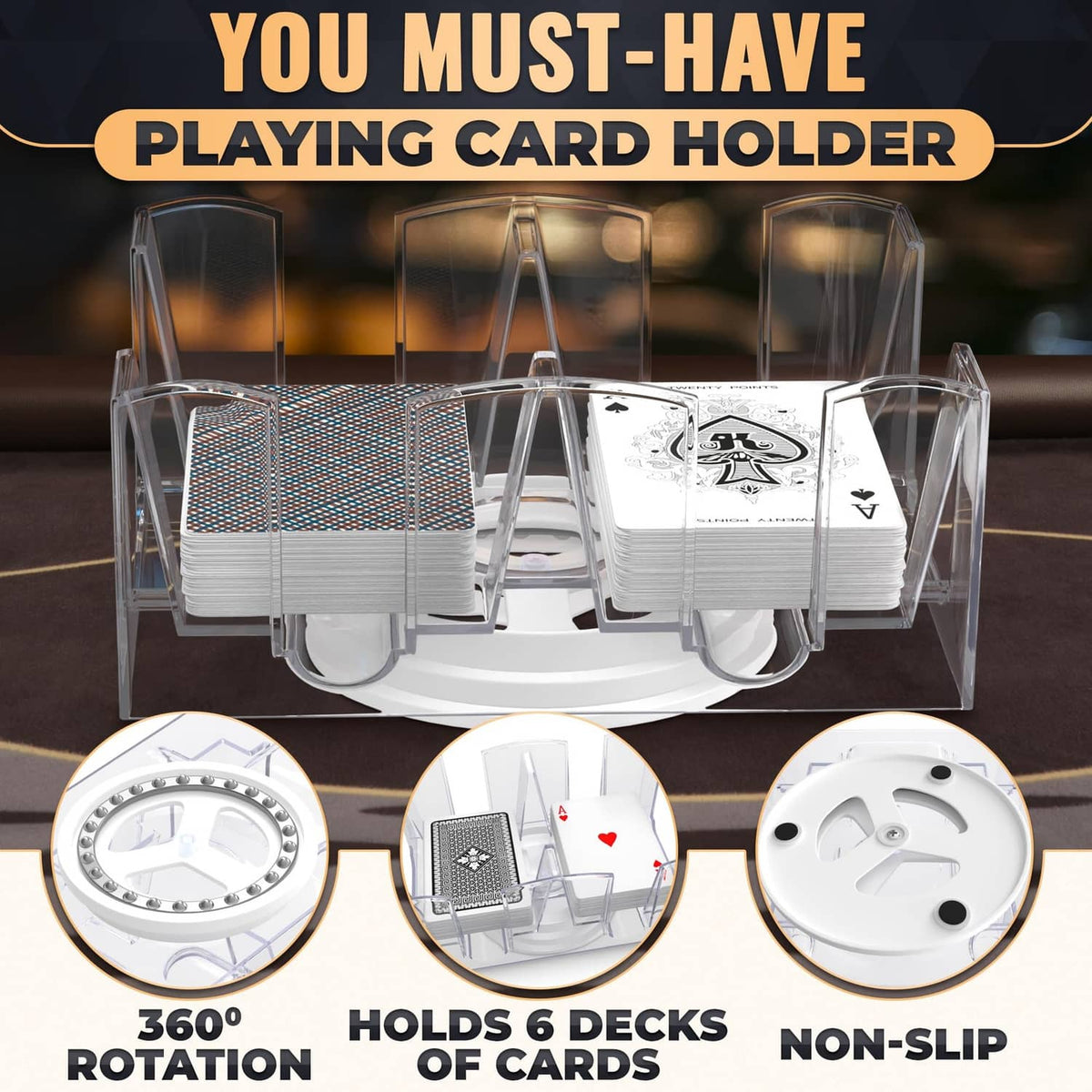 Transparent plastic playing card holder with rotating base and clear, non-slip feet.