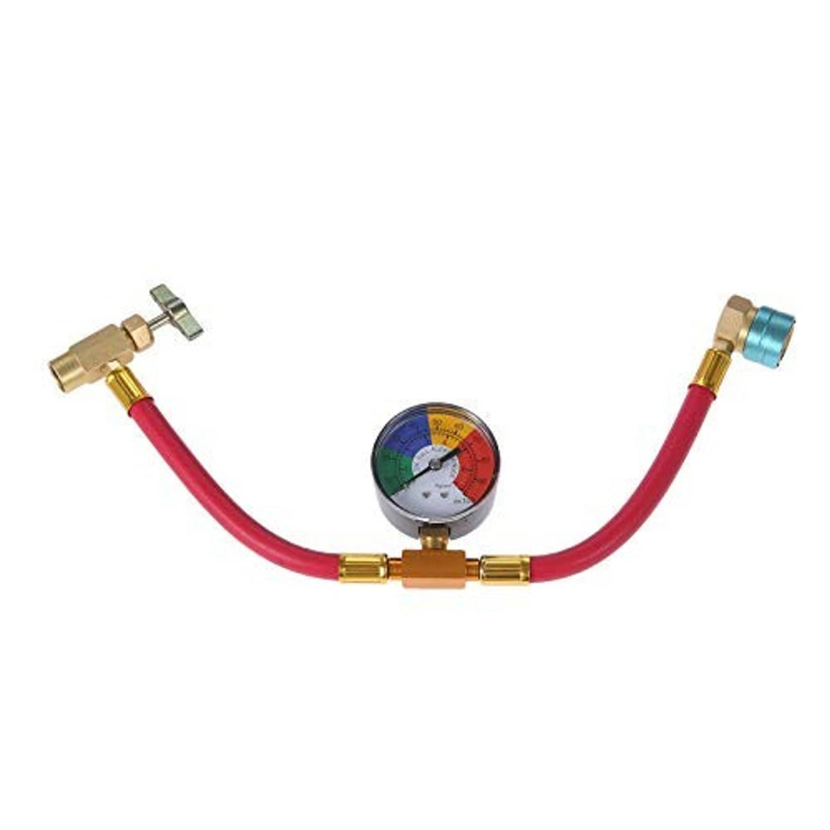 Refrigerant charging hose kit with round pressure gauge and two end connectors.