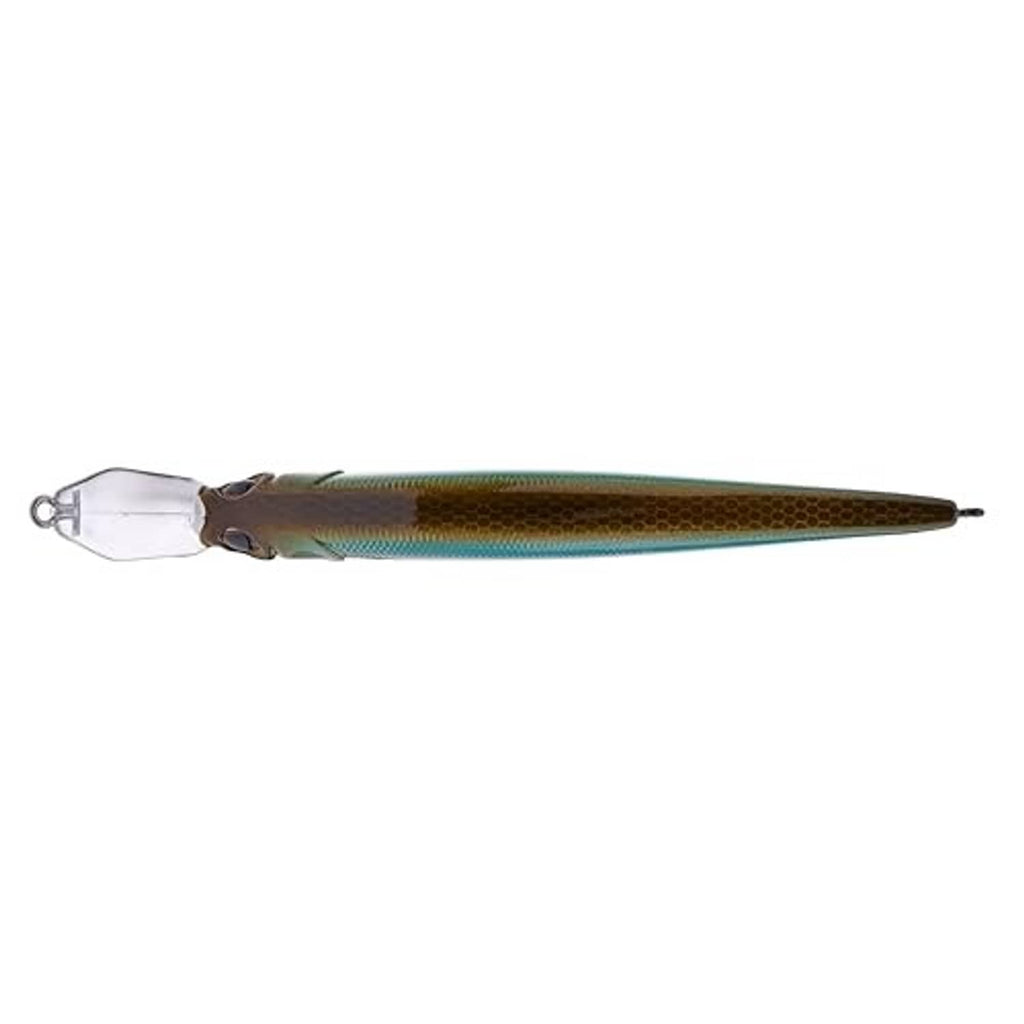 Dark green and brown minnow fishing lure with clear lip and treble hook