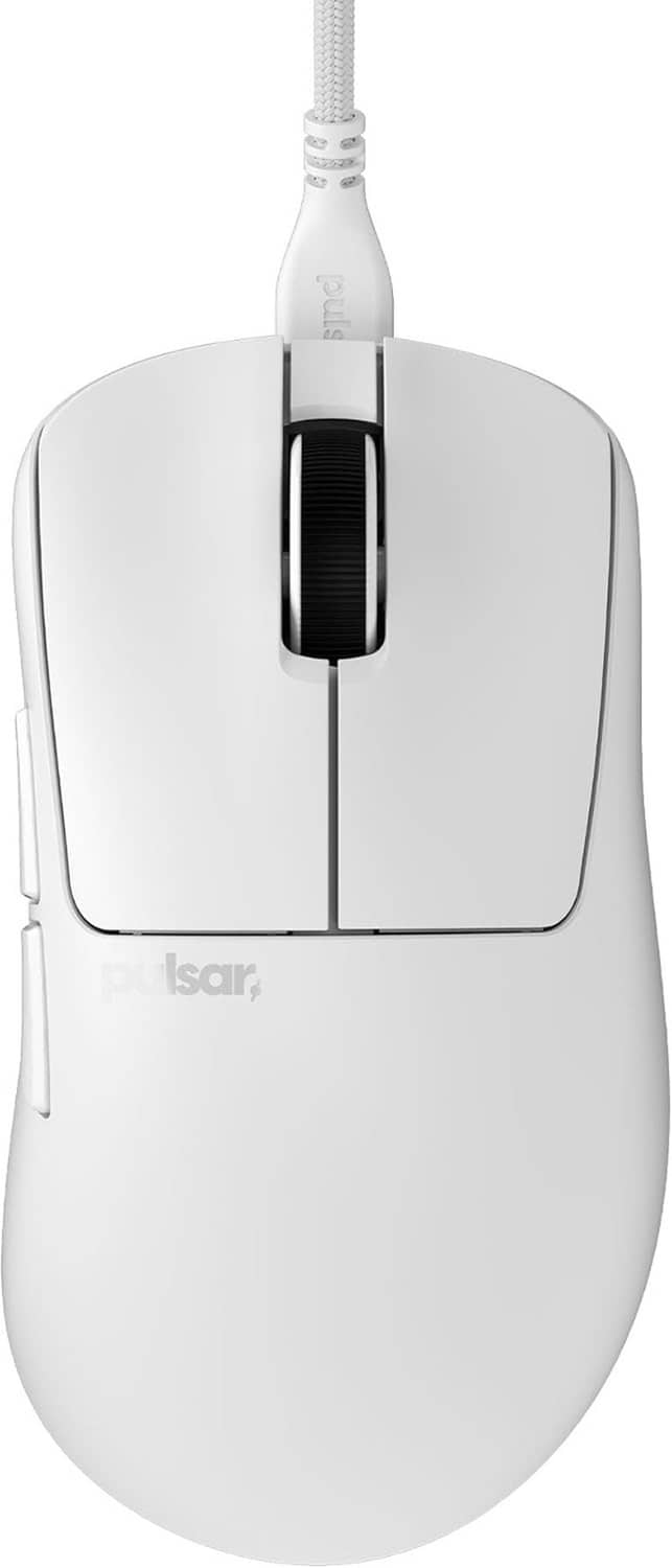 White wired gaming mouse with ergonomic shape, scroll wheel, and side buttons