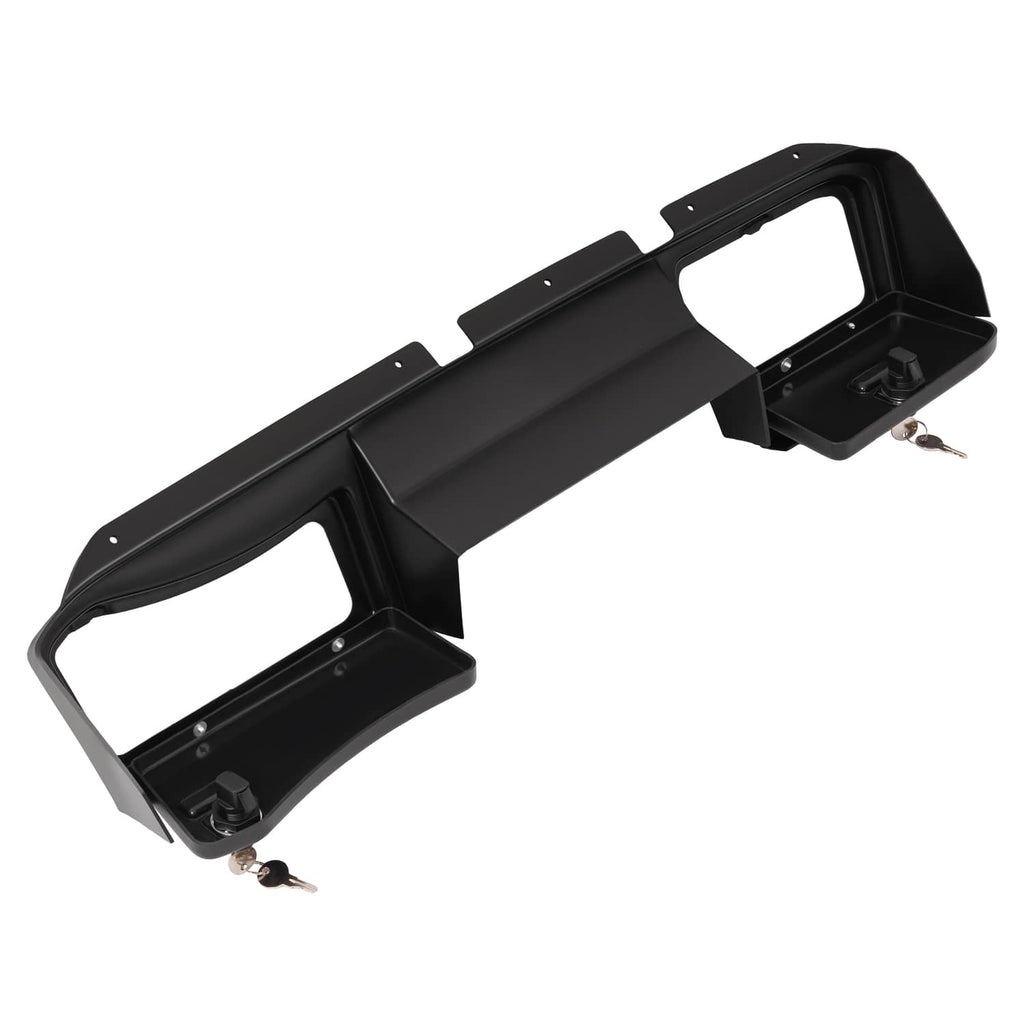 Matte black dash board cover assembly with side door frames and front cutout openings.
