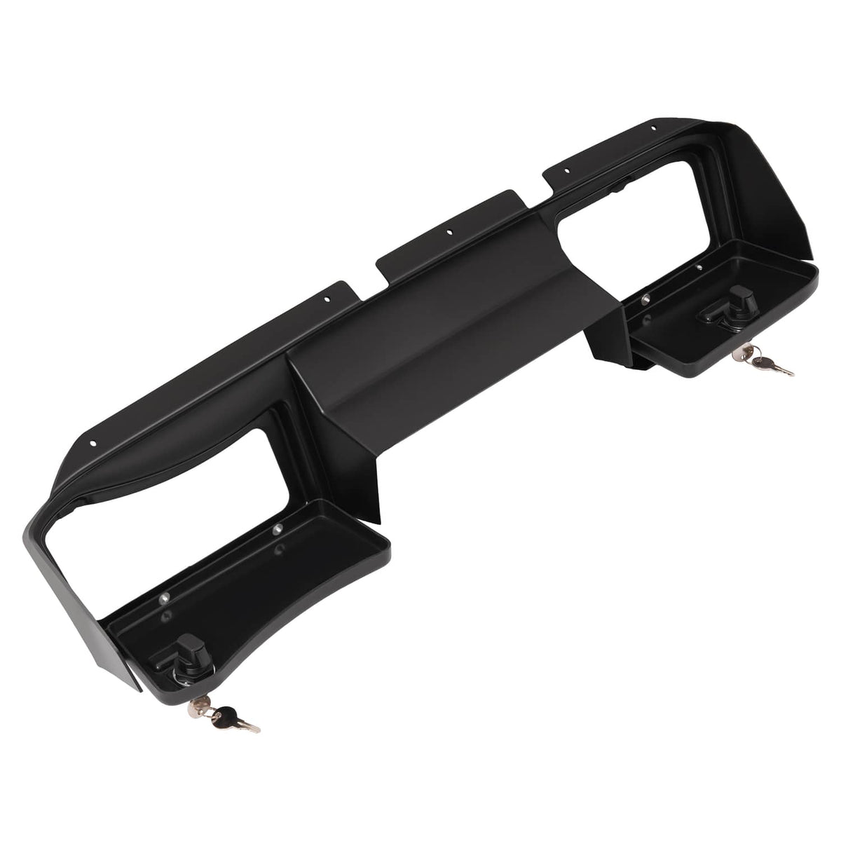 Matte black dash board cover assembly with side door frames and front cutout openings.