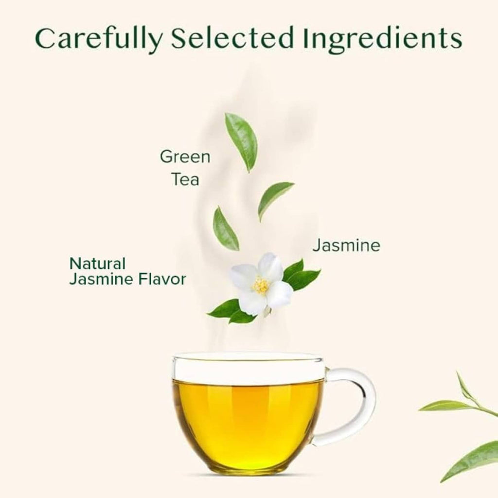 Jasmine green tea cup with jasmine flowers and green tea leaves illustration