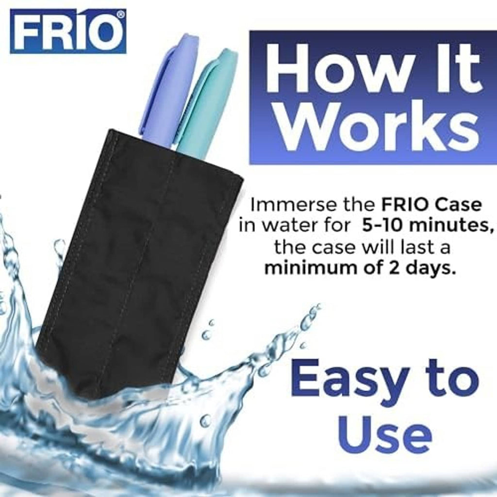Black FRIO cooling wallet pouch with two blue inner sleeves and water droplets