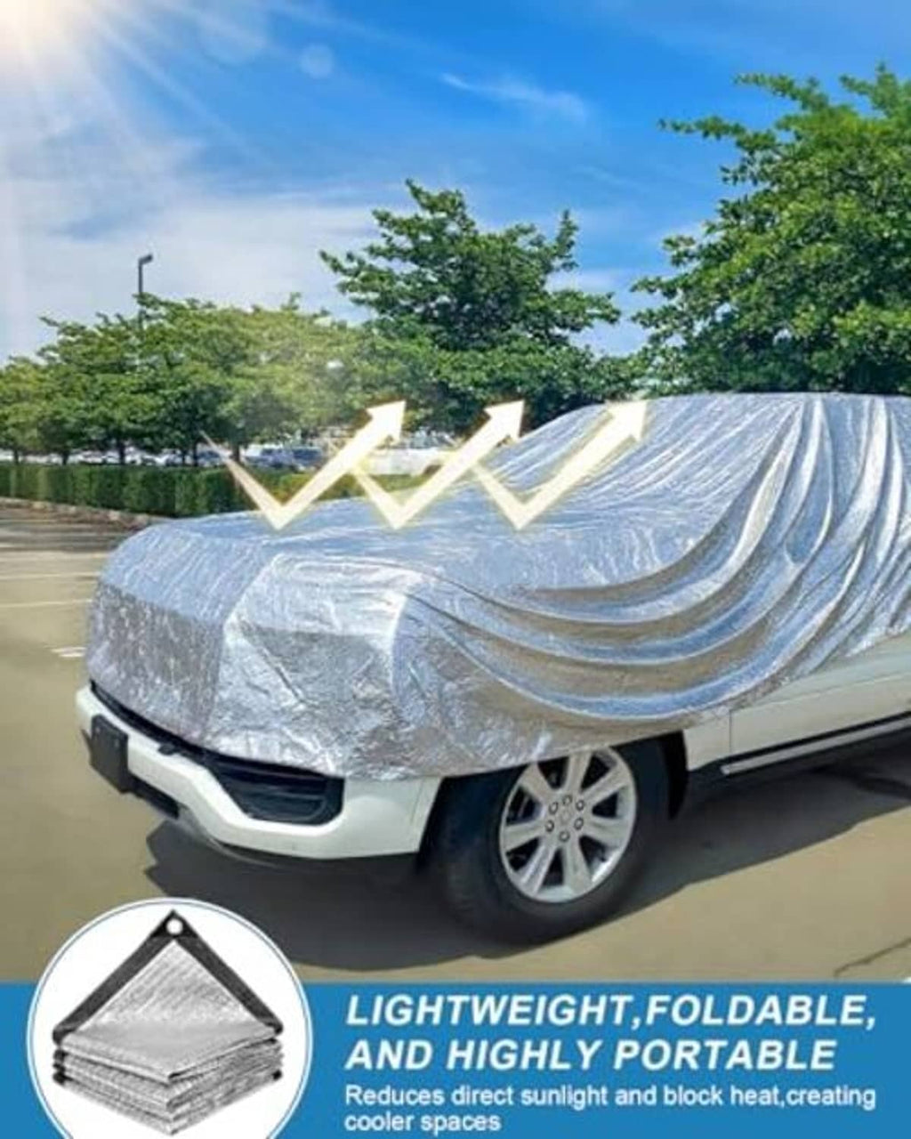 Reflective silver tarp cover draped over a vehicle with dark trim