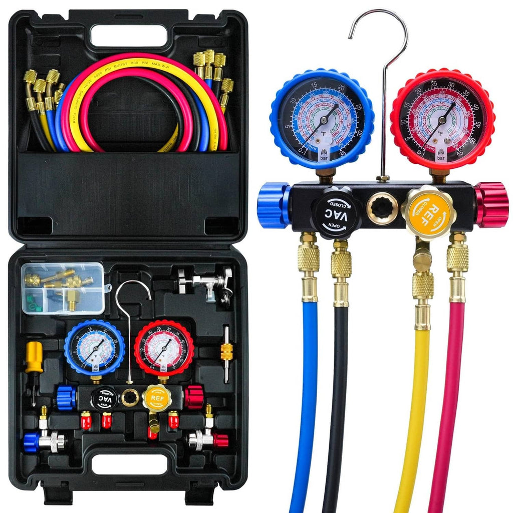 4-way HVAC manifold gauge set with blue and red pressure gauges and hose kit in case