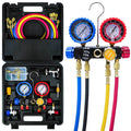 4-way HVAC manifold gauge set with blue and red pressure gauges and hose kit in case