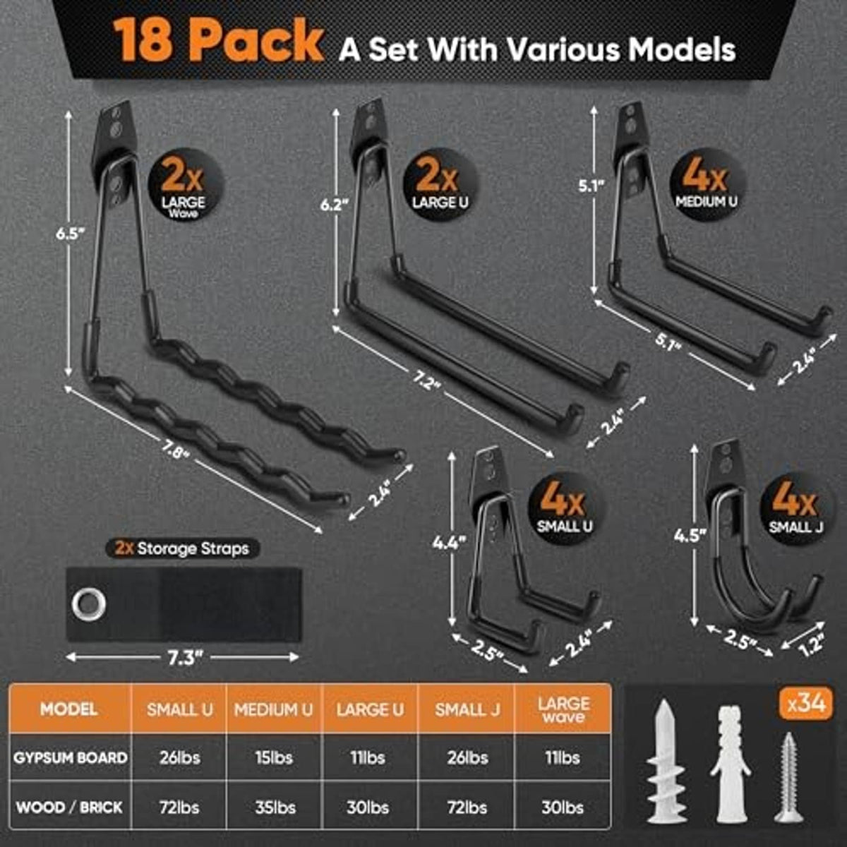 Wave hook set with different sizes shown in an 18-pack layout diagram