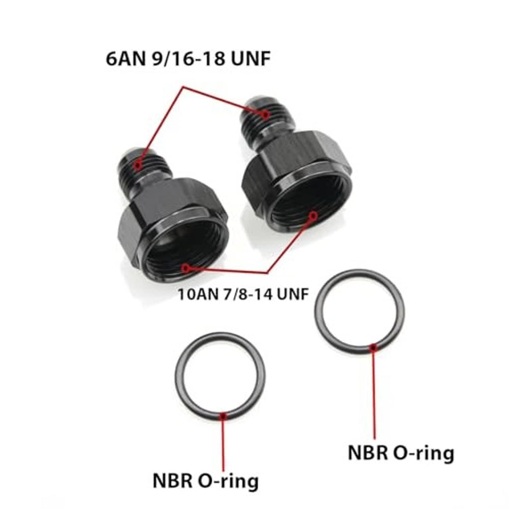 AN reducer adapters with NBR O-rings, showing 10AN to 6AN fitment sizes