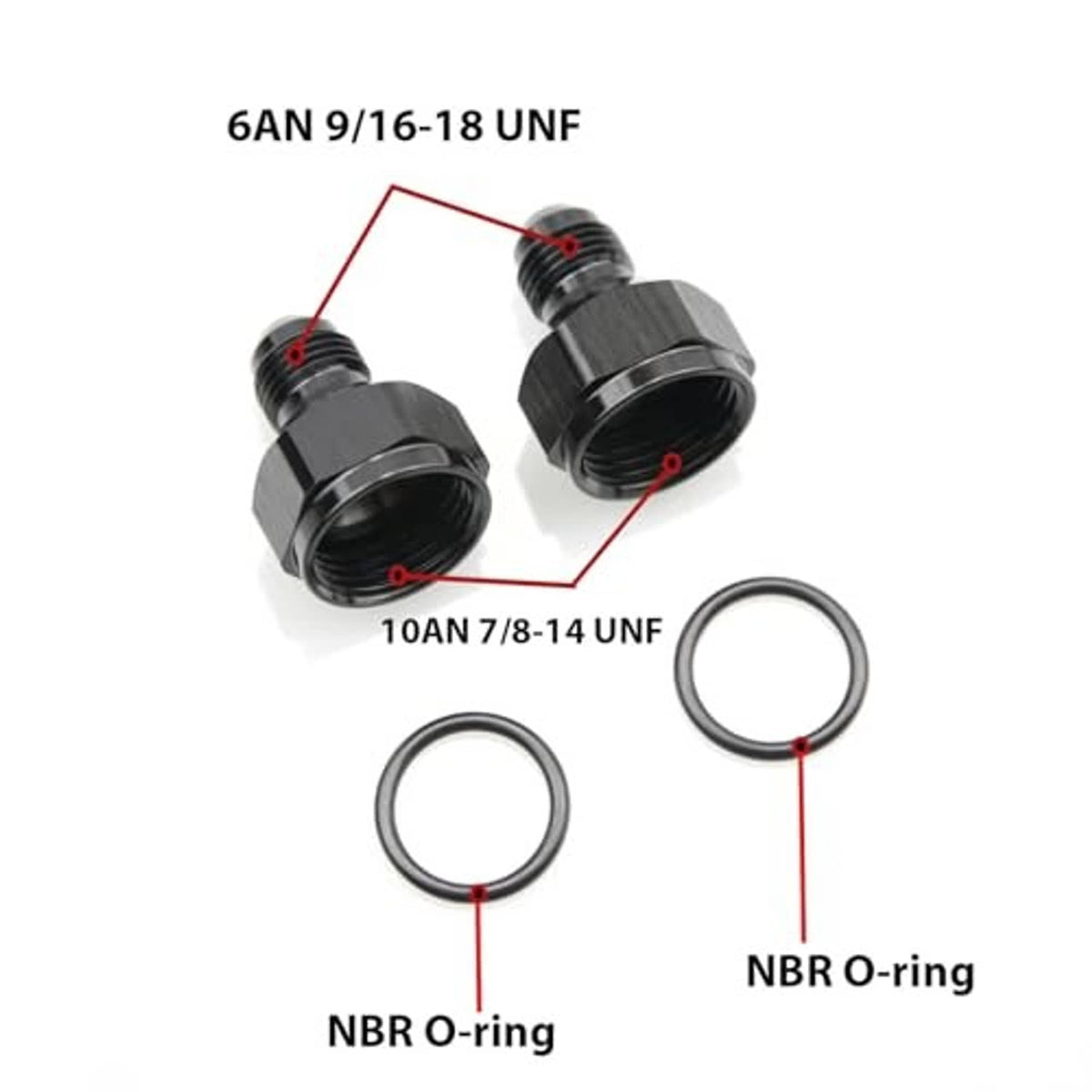 AN reducer adapters with NBR O-rings, showing 10AN to 6AN fitment sizes
