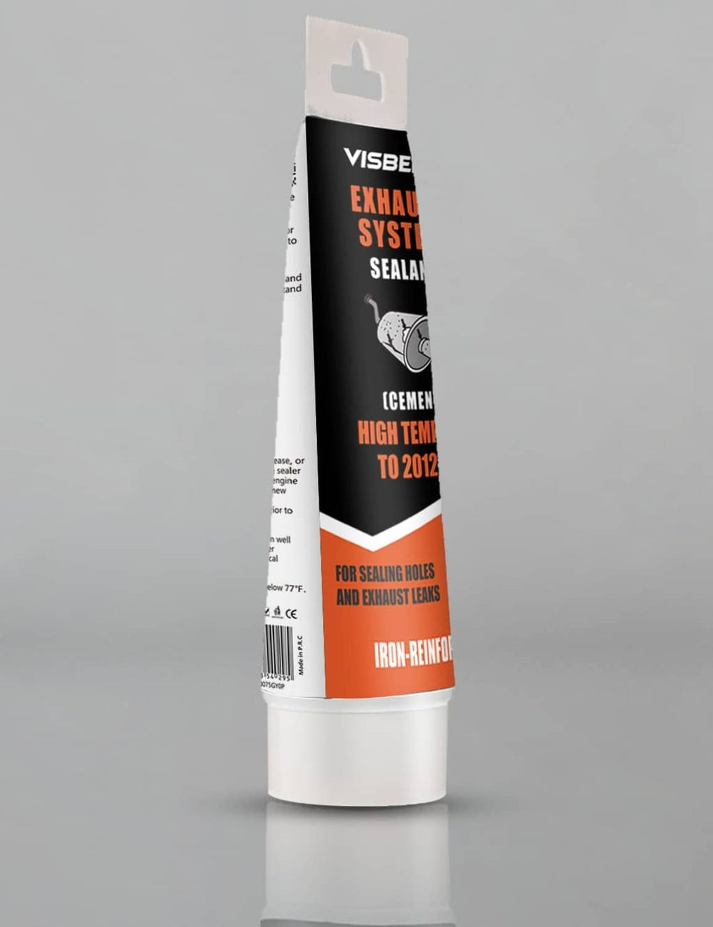 Exhaust system sealant tube side view with white cap and barcode label