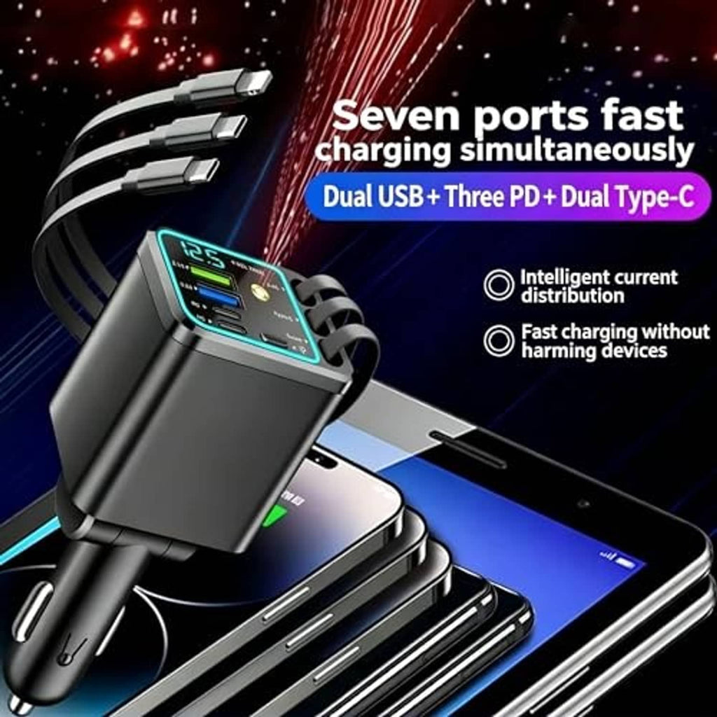 Retractable car charger showing multiple fast-charging ports on a compact black base