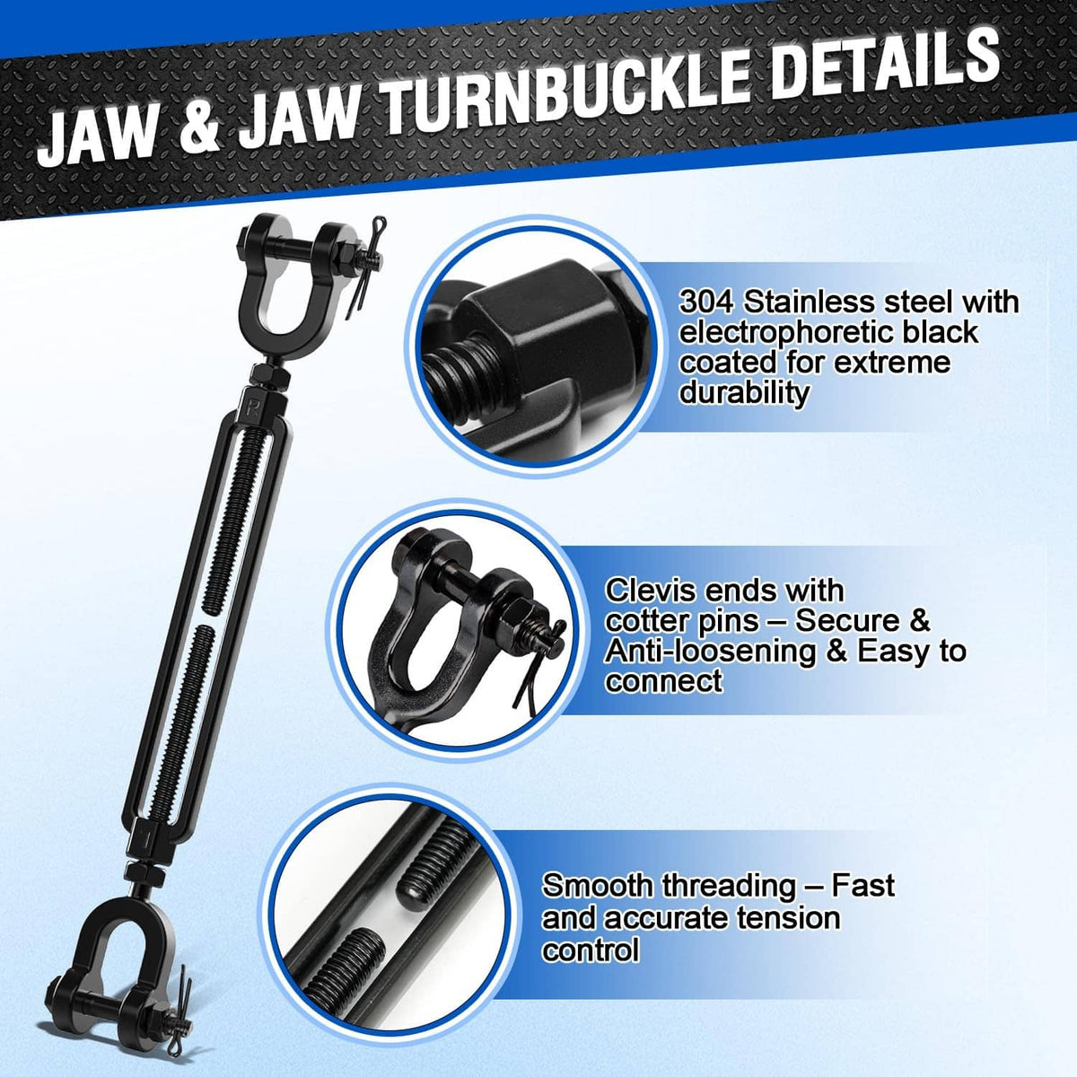 Black jaw-and-jaw turnbuckle detail with clevis ends and smooth threaded body