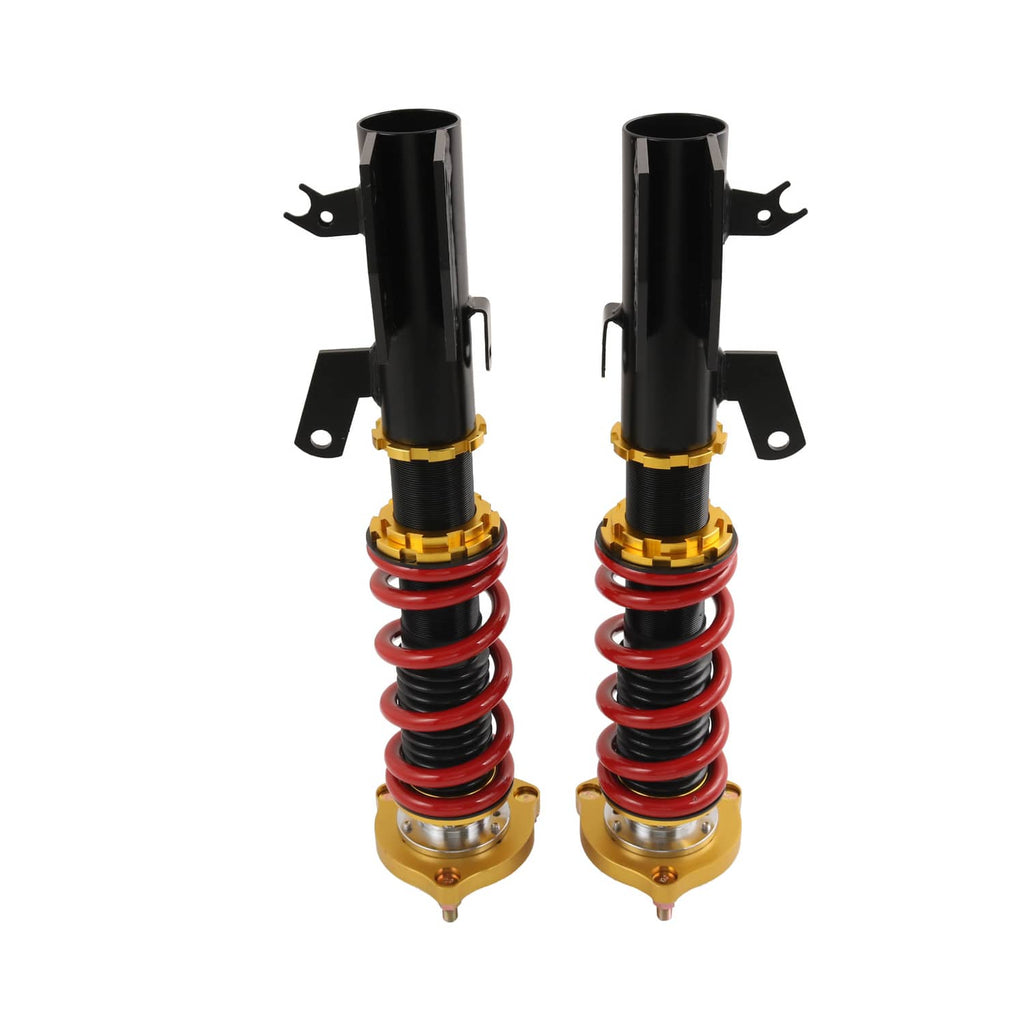 Coilover struts with red springs, gold top caps, and black mounting brackets