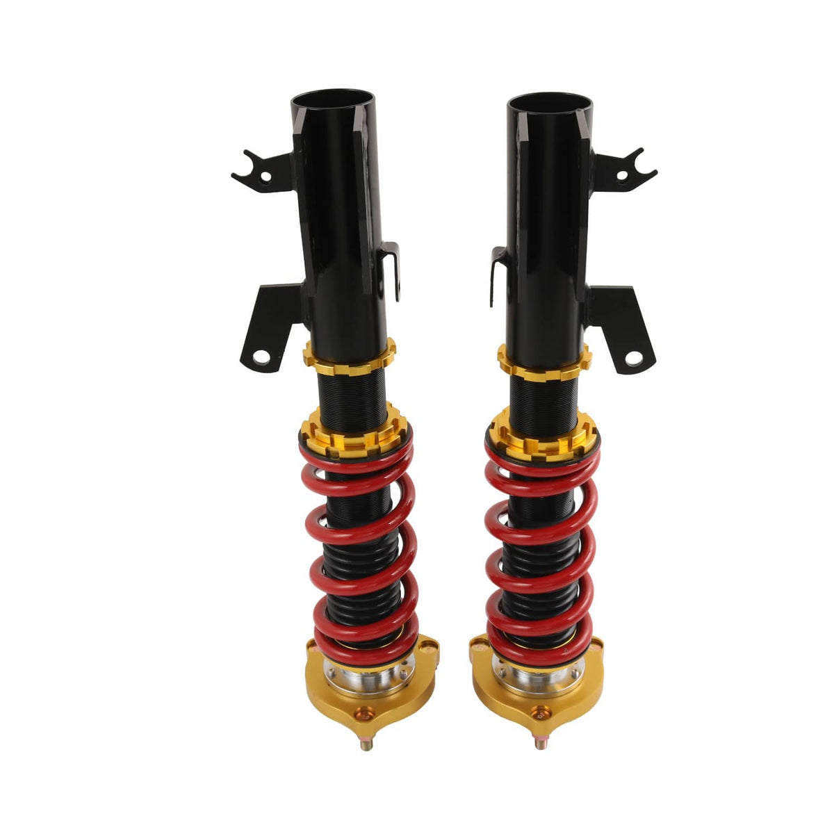 Coilover struts with red springs, gold top caps, and black mounting brackets