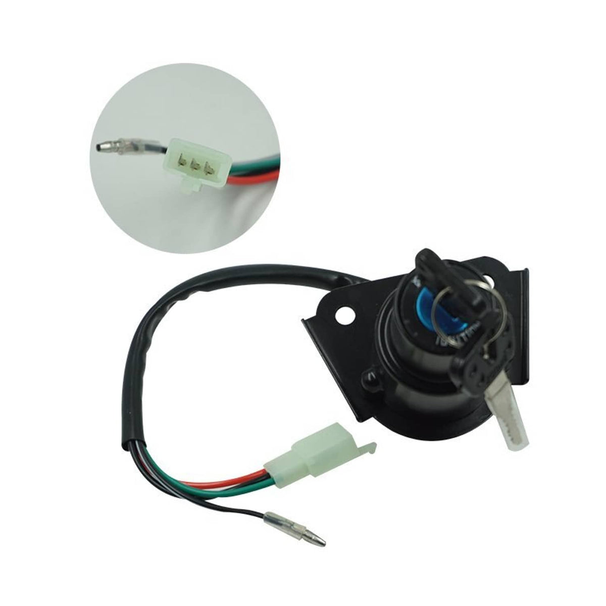 Ignition switch with wiring connector and key insert, black housing
