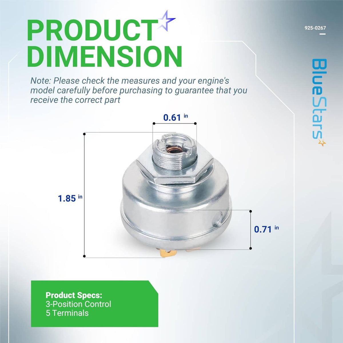 Compact ignition switch with threaded stud, front view