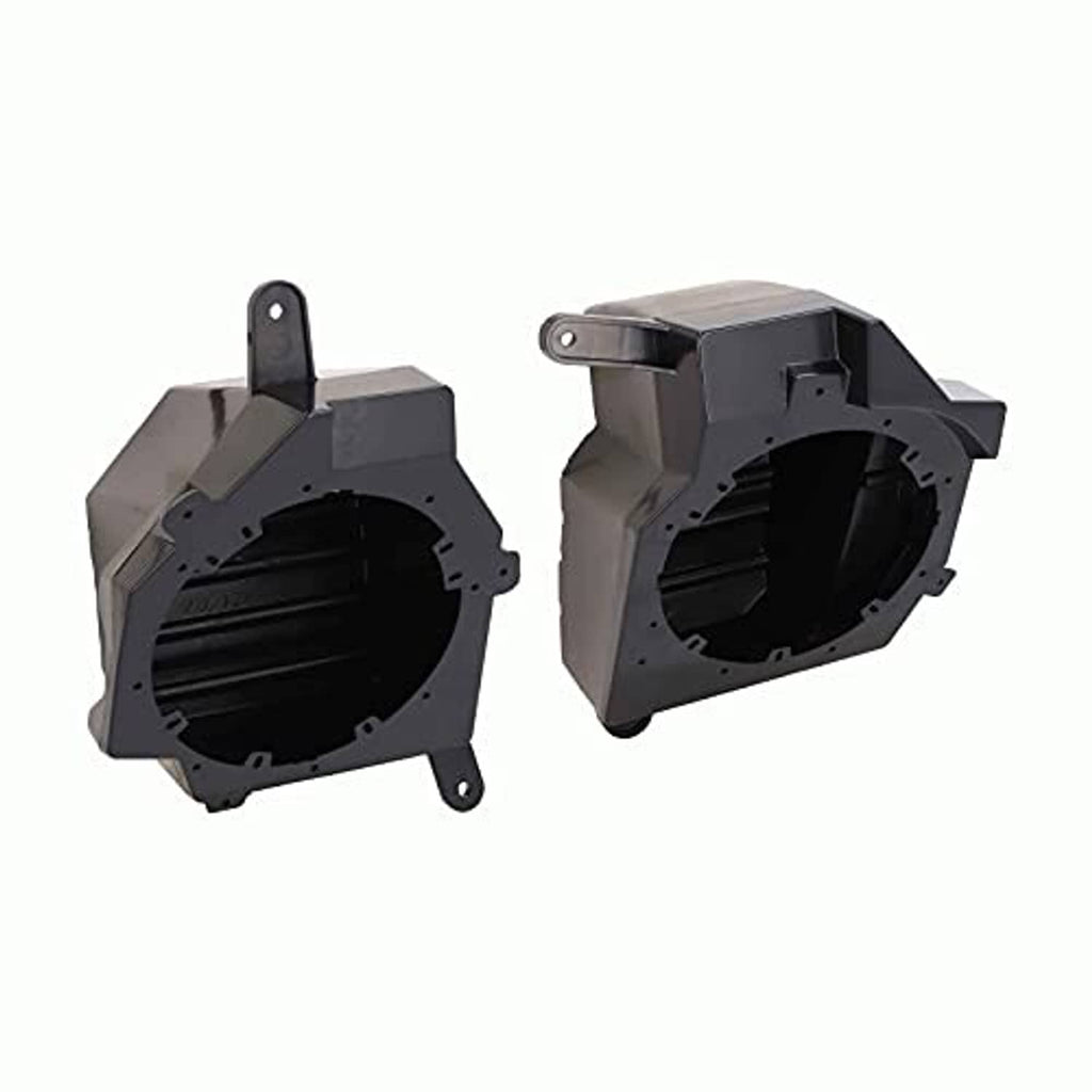 Two black speaker pod housings with circular openings and side mounting brackets