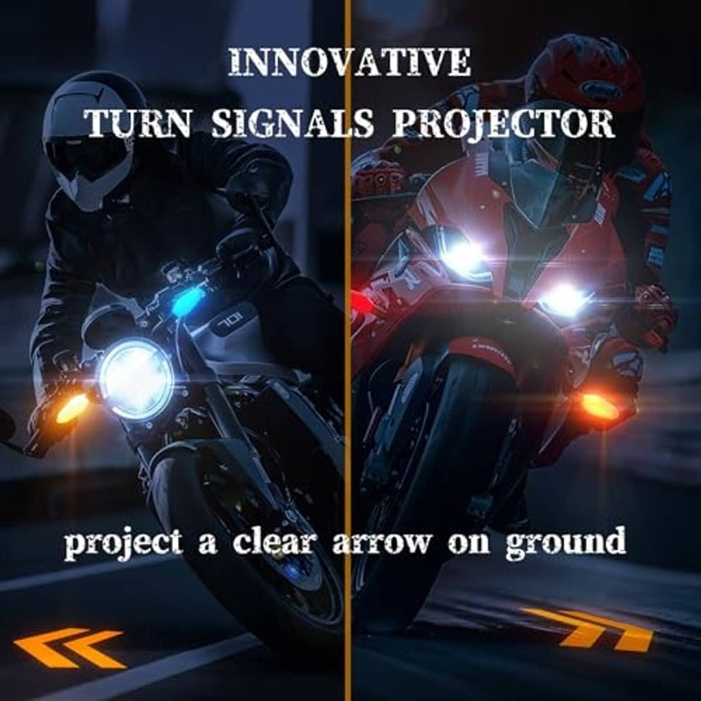 LED motorcycle turn signal projector lights projecting bright arrow on the road
