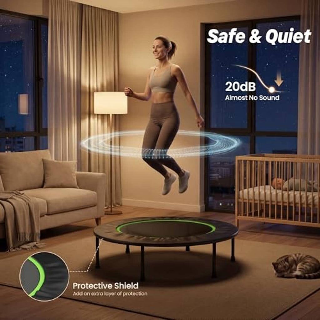 Mini trampoline with green edge and protective shield, person jumping