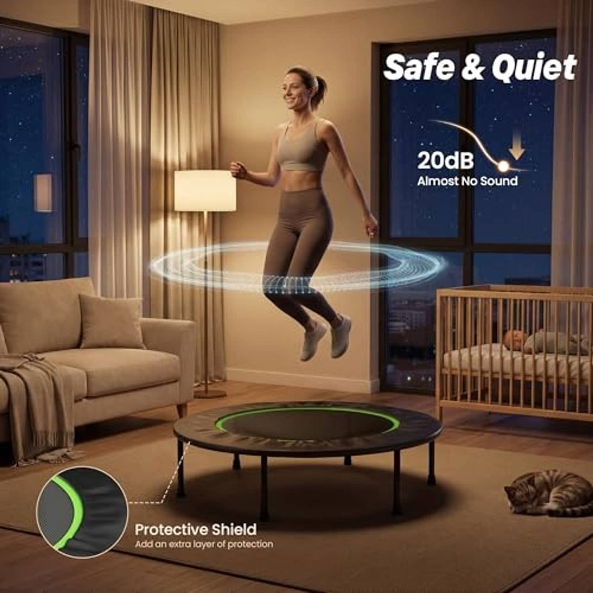 Mini trampoline with green edge and protective shield, person jumping