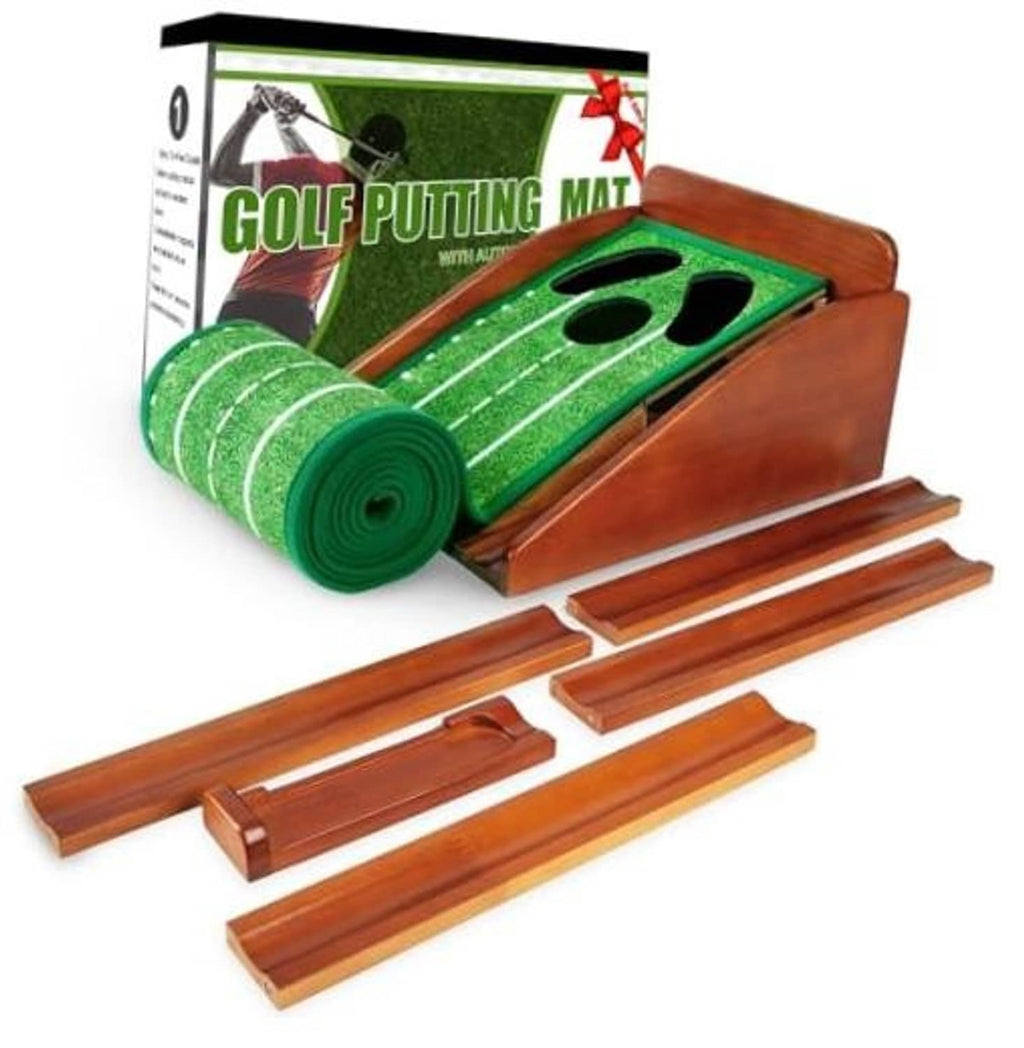 Indoor golf putting mat with auto ball return, green carpet, and solid wood base