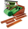 Indoor golf putting mat with auto ball return, green carpet, and solid wood base