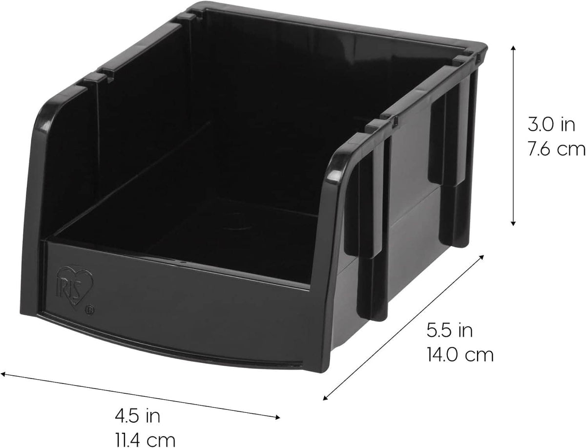 Black extra small storage bin with side handles, shown with size dimensions