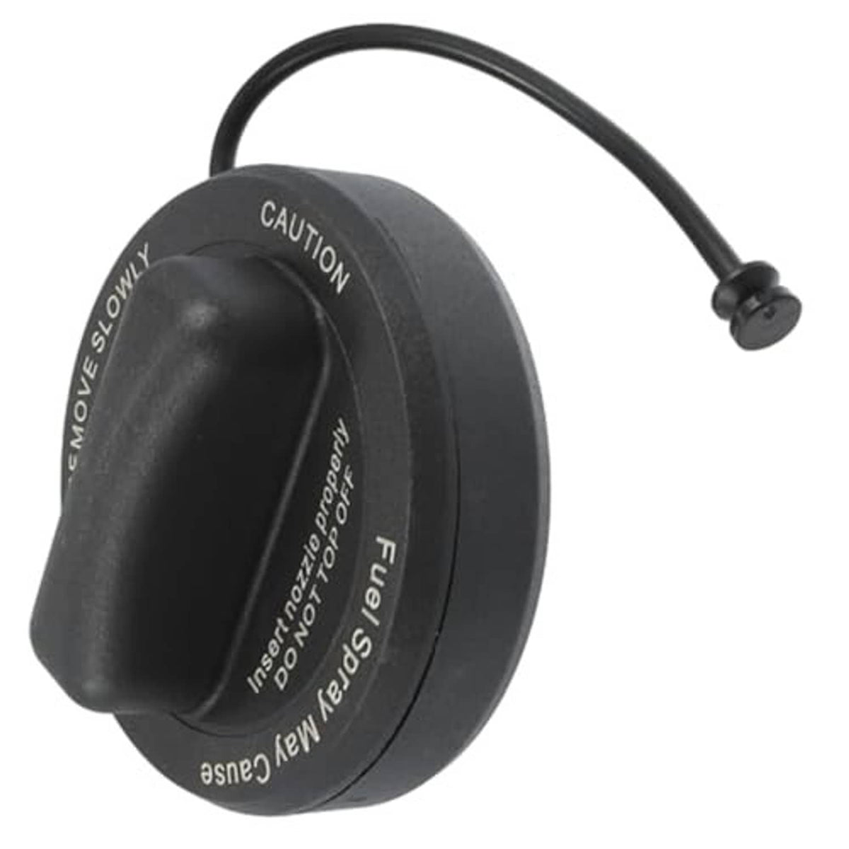 Black fuel tank gas cap with tether strap and embossed markings on top