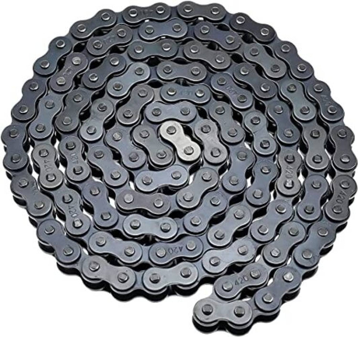 Black 420 roller chain coil with alternating inner and outer link plates