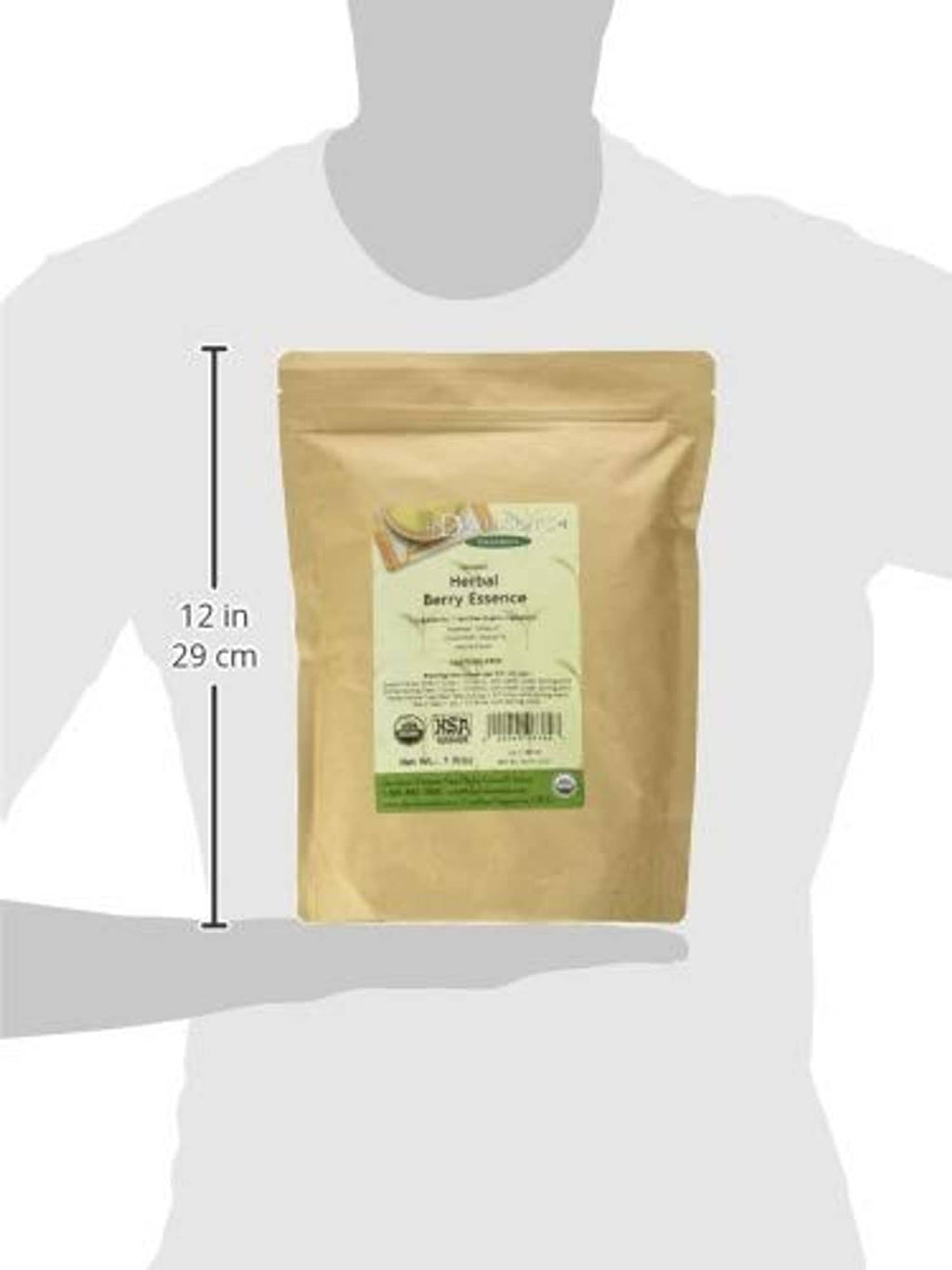 Herbal berry essence loose leaf organic tea pouch size guide on silhouette with measurements