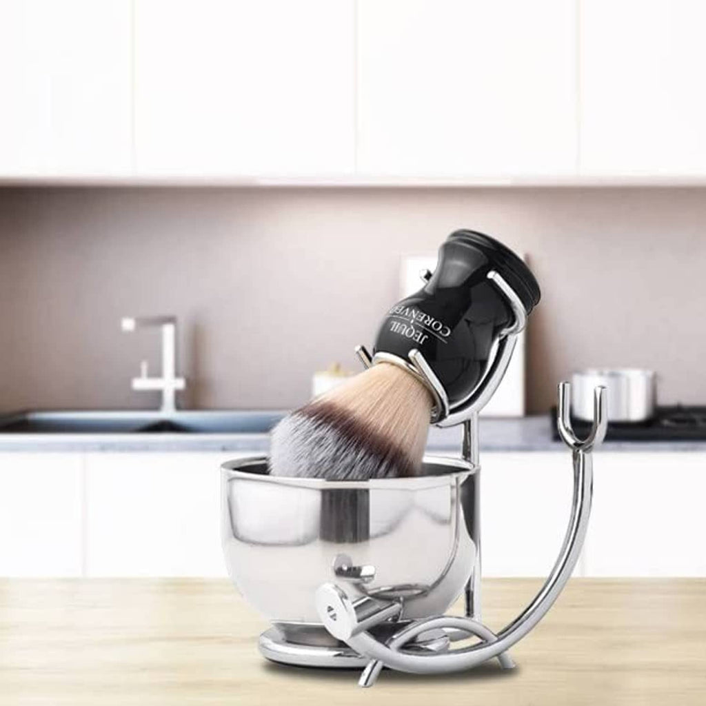 Silver shaving bowl with black-handled brush and chrome stand set