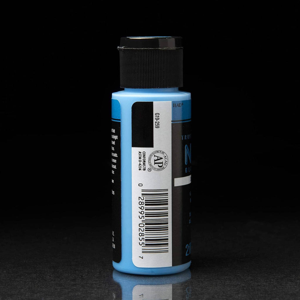 Side view of neon blue neon blacklight acrylic paint bottle with barcode label