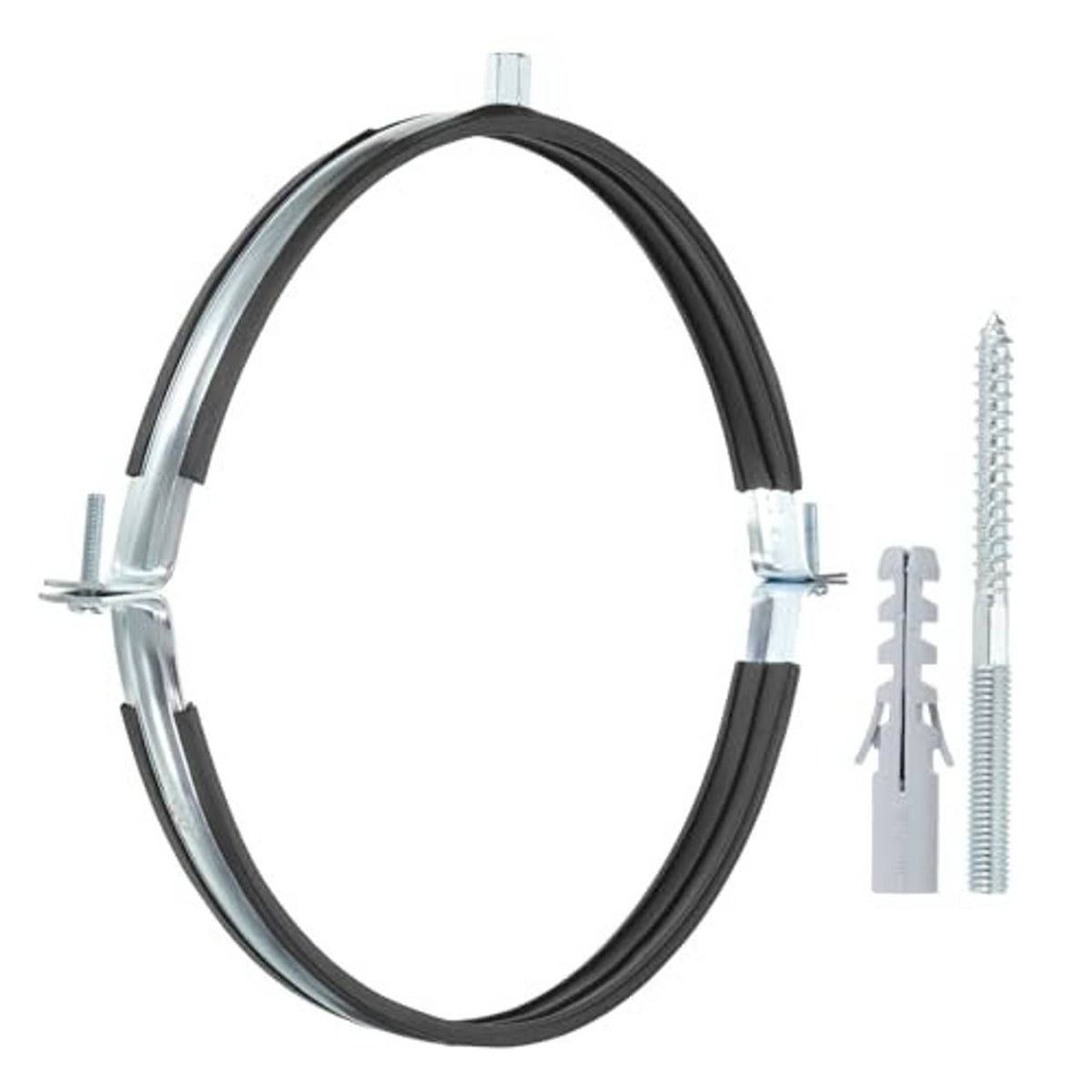 Black split ring pipe hanger with two galvanized mounting pieces and screws