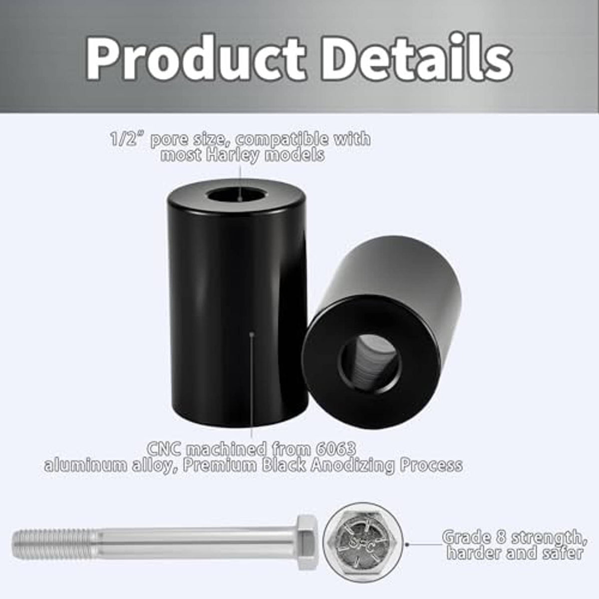 Black riser spacer pair with central holes and visible threaded mounting bolt