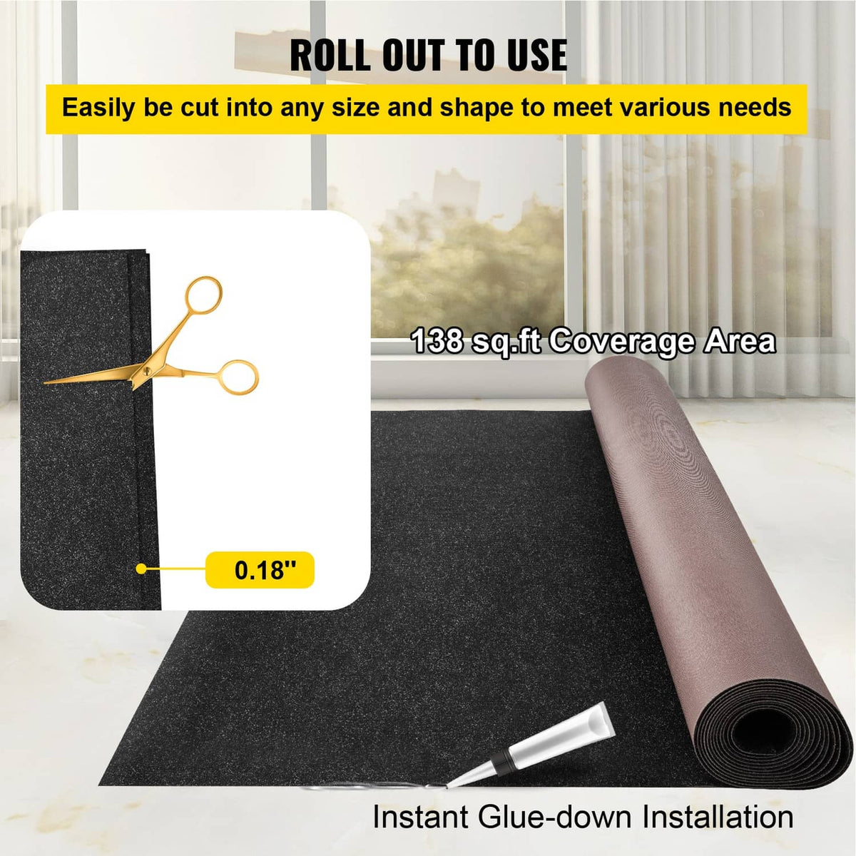 Dark charcoal carpet roll next to a flat section with visible short pile