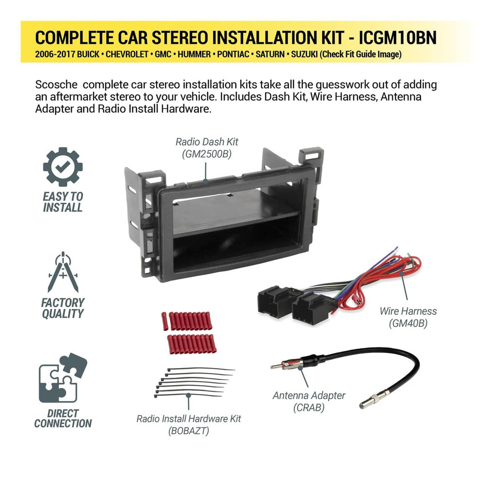 Car stereo dash kit with wire harness, antenna adapter, and radio hardware components