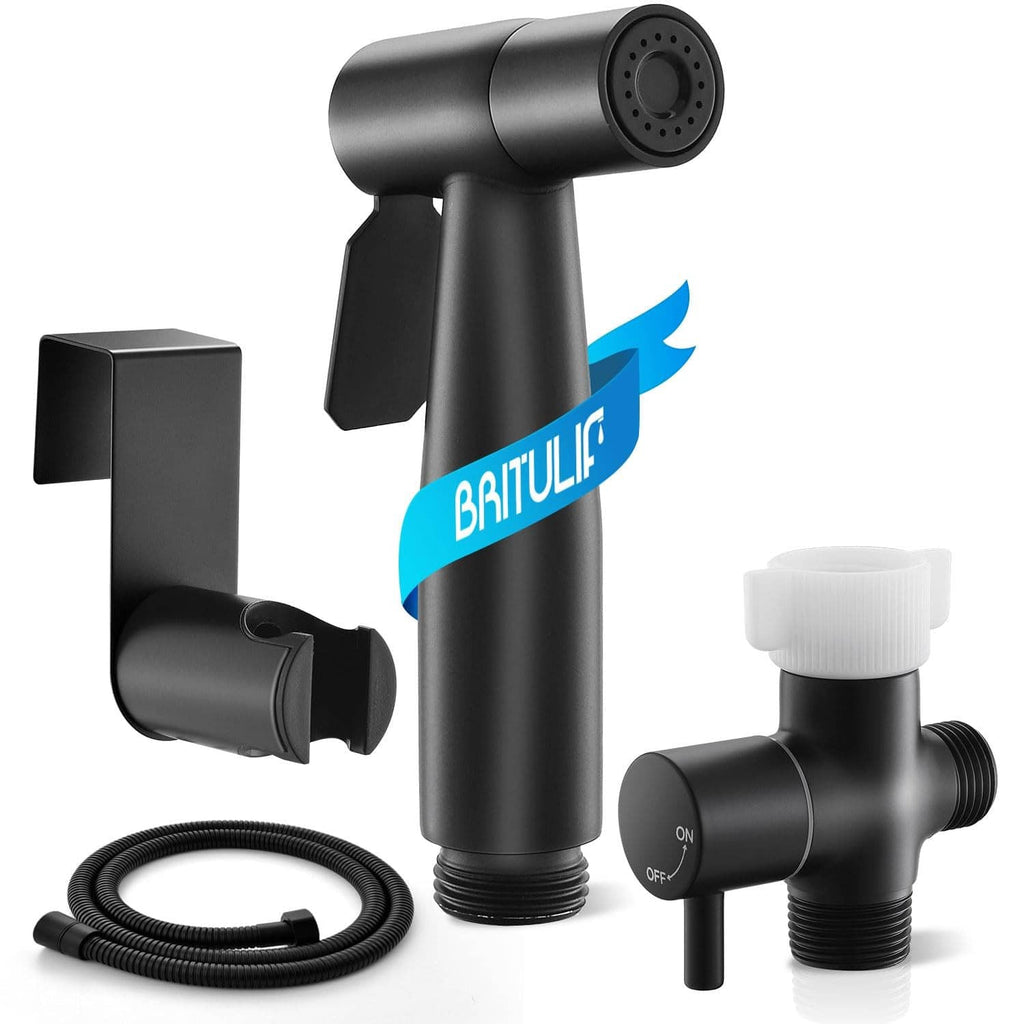 Matte black handheld bidet sprayer with hose and toilet T-valve fitting set