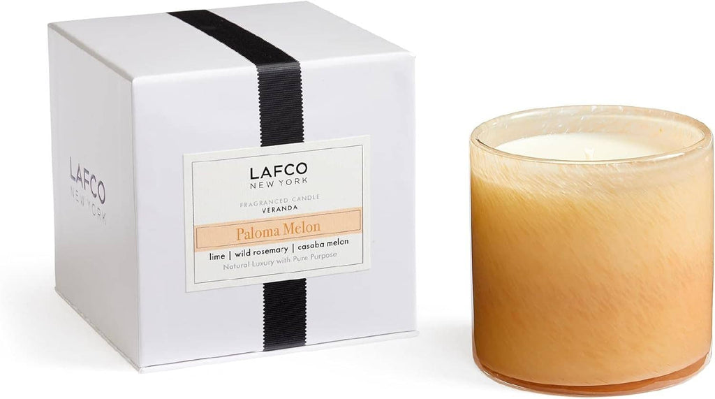 LAFCO signature candle in amber glass jar with white gift box and black ribbon stripe.