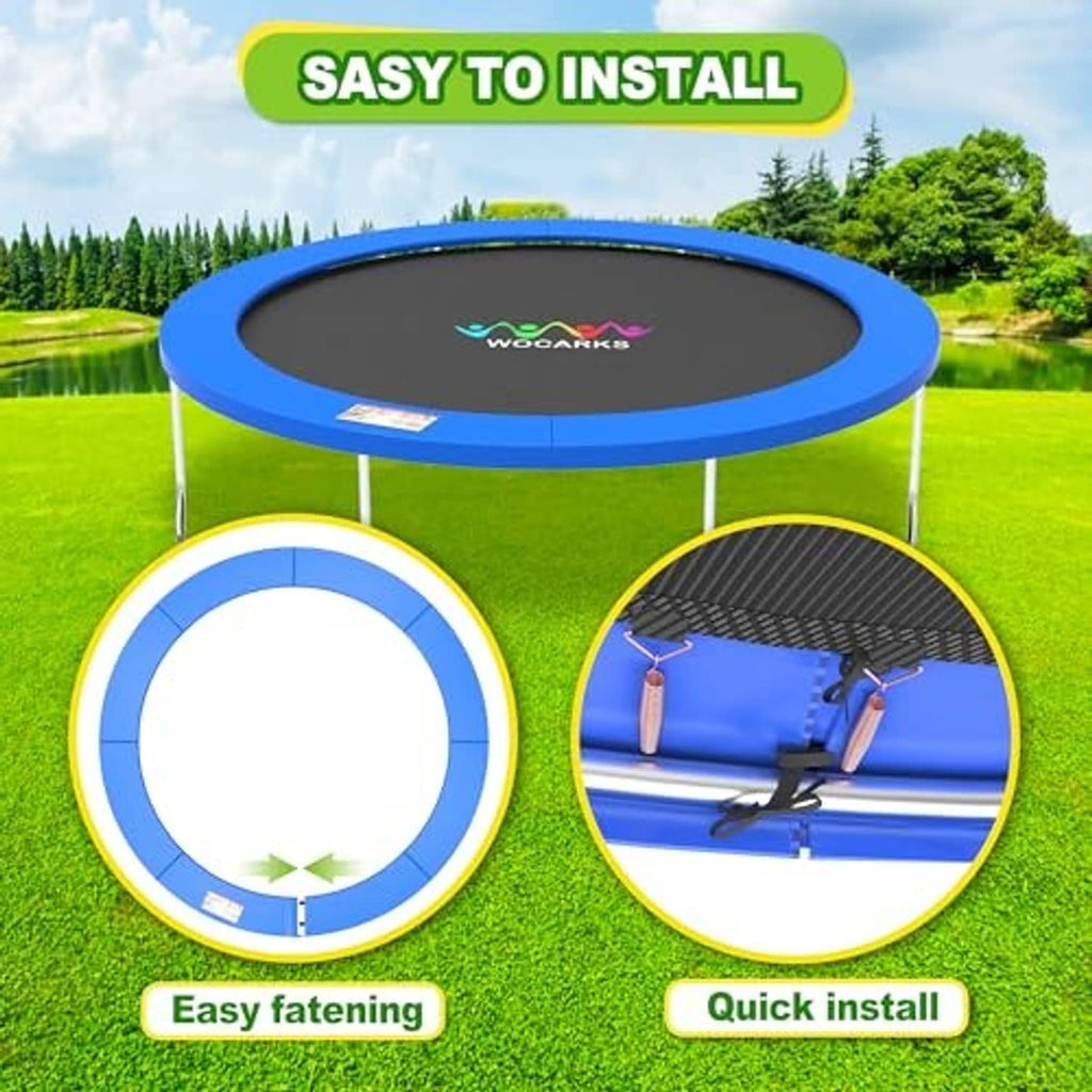 Round trampoline replacement pad with blue rim and dark gray mat surface