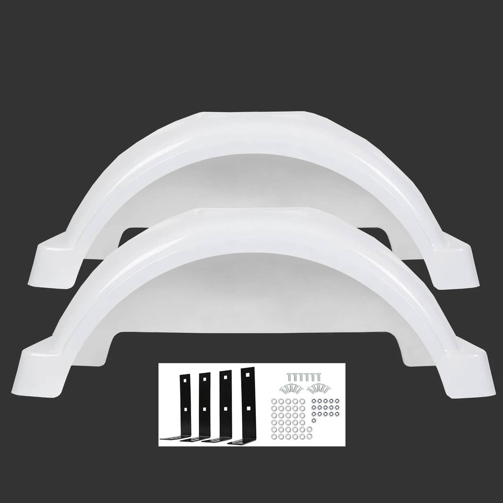 Pair of white plastic trailer fenders for 13-inch wheels, arched with side guards