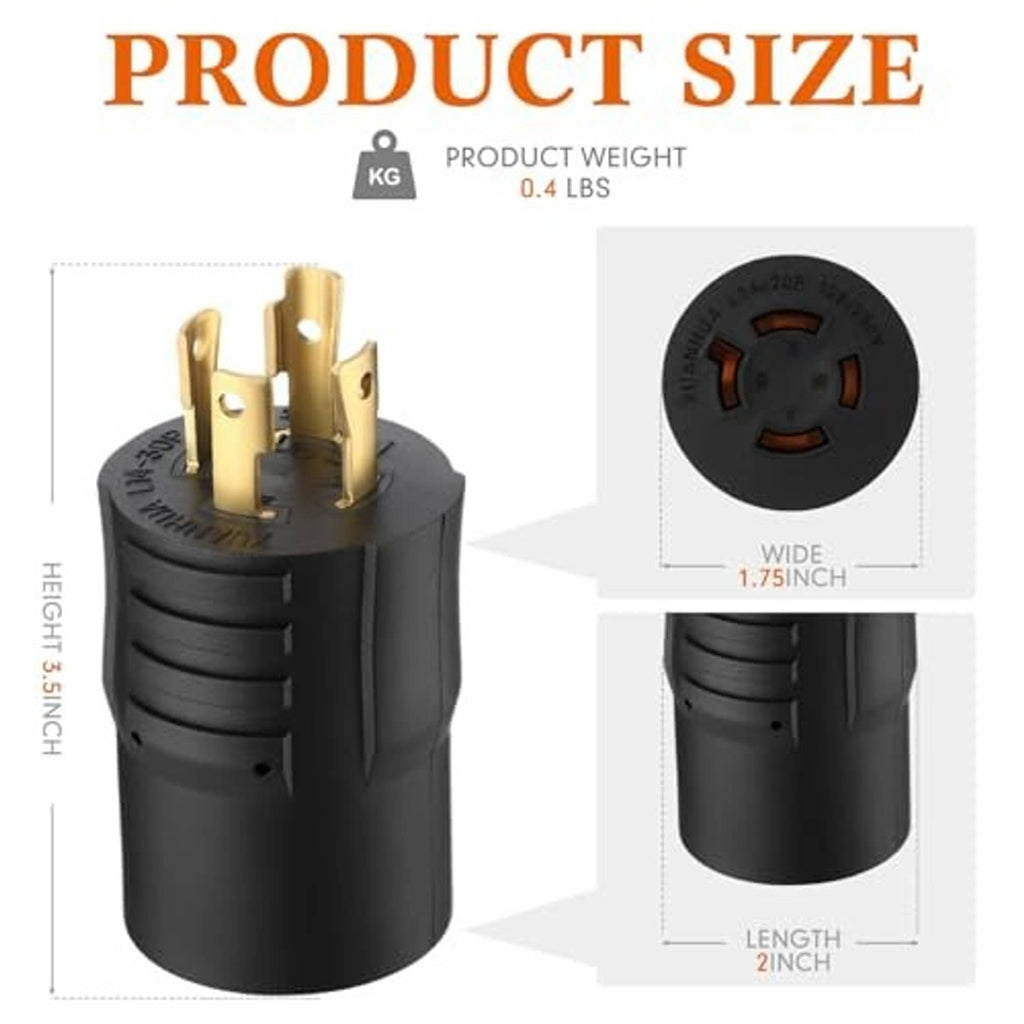 Black NEMA generator adapter size view with gold prongs and round twist-lock face