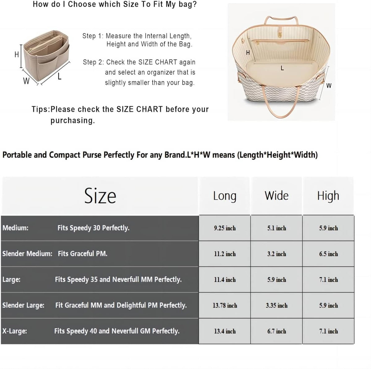 Beige felt purse organizer insert with zipper, size measurement diagram for fitting